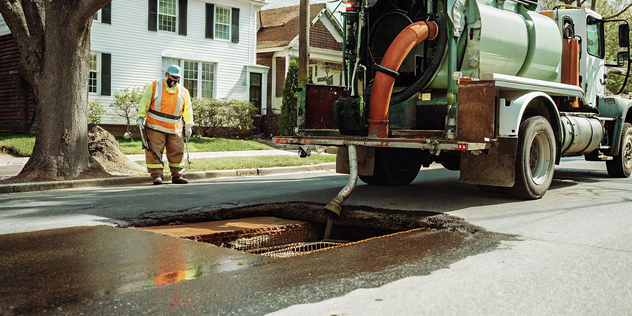 Public works crew operating a catch basin cleaner truck on a Massachusetts municipal street