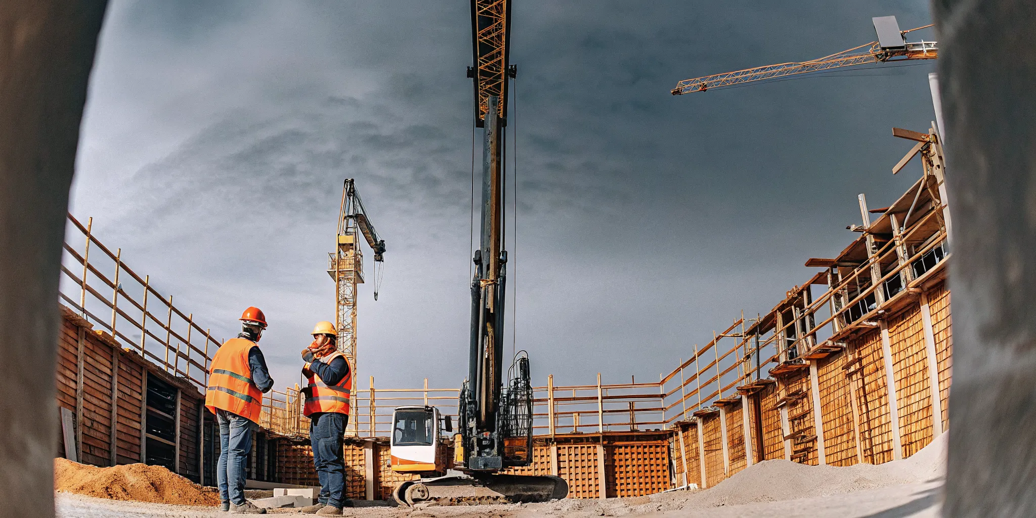 Pile driver crew performing a pre-operation safety inspection