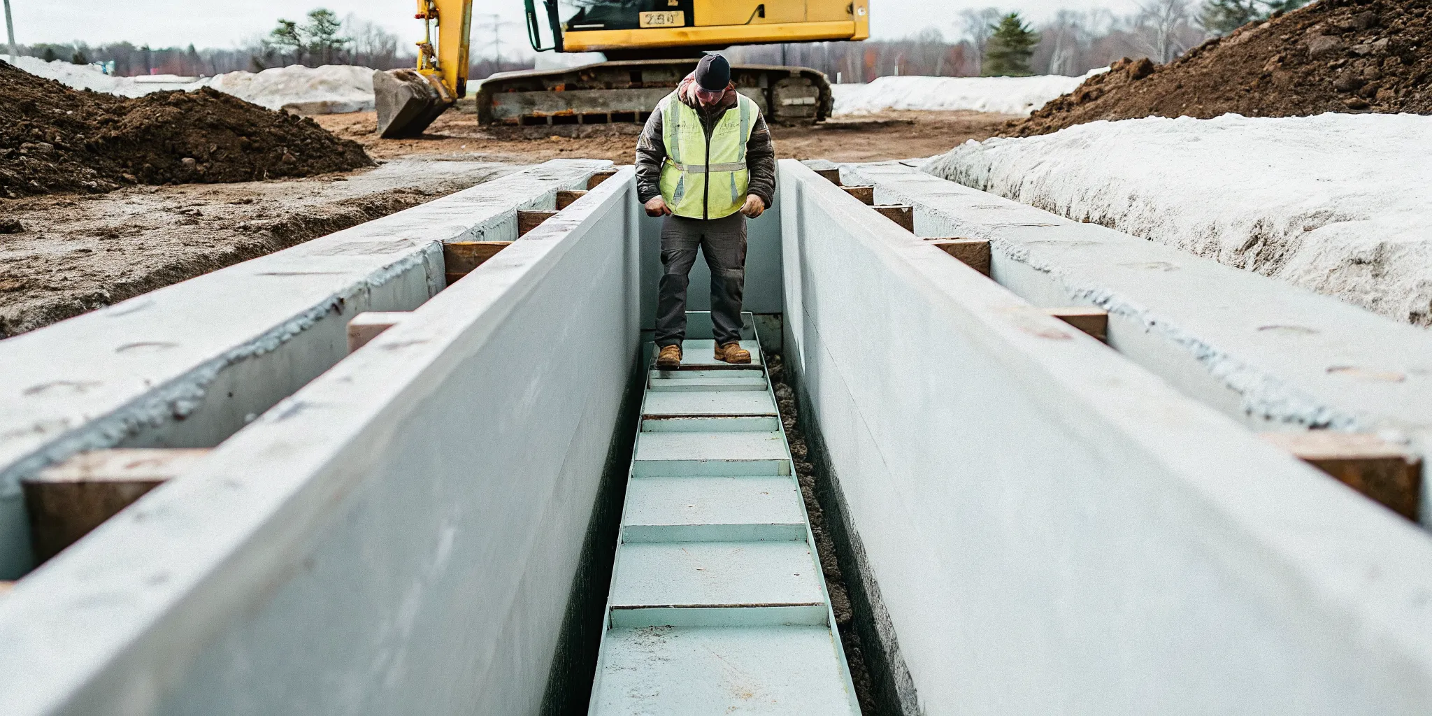 Safety inspector reviewing trench shielding on a Massachusetts excavation site
