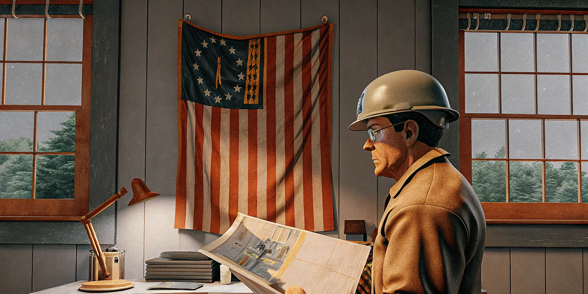 Veteran in hard hat reviewing hoisting license study materials with Massachusetts flag and discount badge
