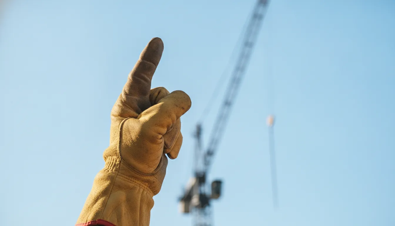 Signal person giving a hand signal against a clear sky at a crane job site
