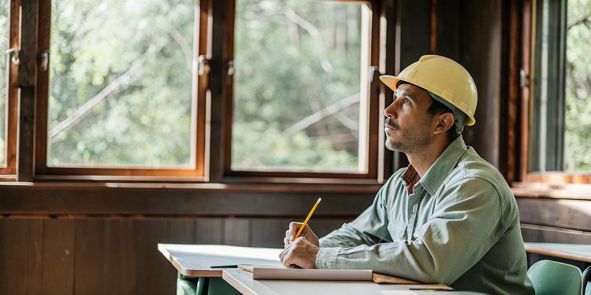 Operator preparing for a written hoisting license test at a desk
