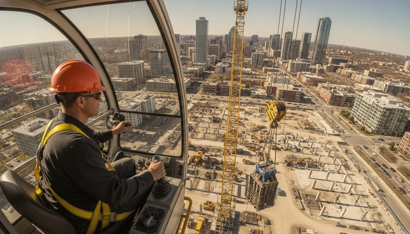 Crane operator working at height on a construction site with a safety harness and helmet