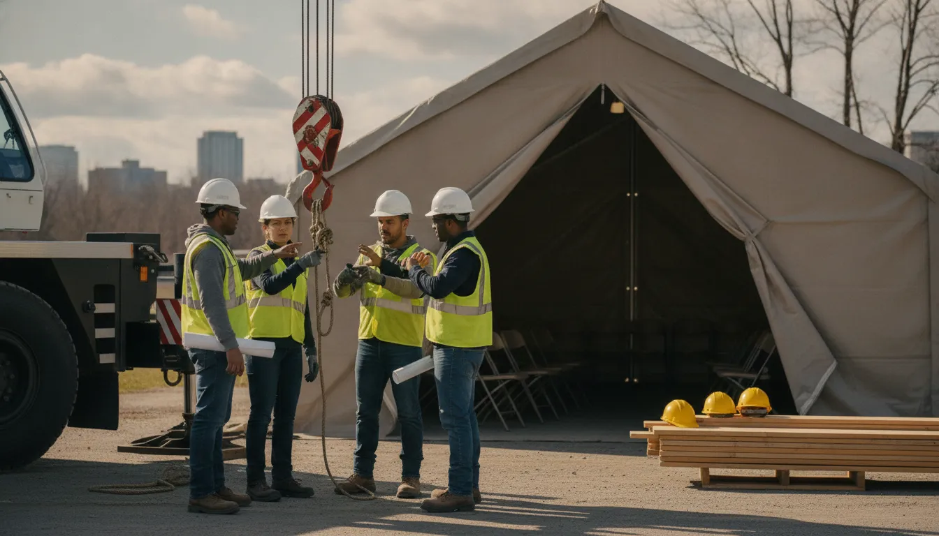 Construction crew discussing hoisting equipment safety