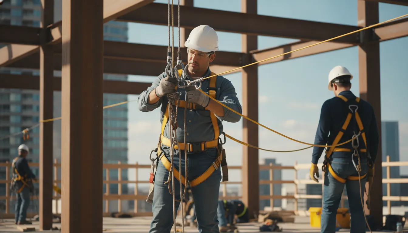 Construction worker in a safety harness inspecting rigging on a Massachusetts jobsite