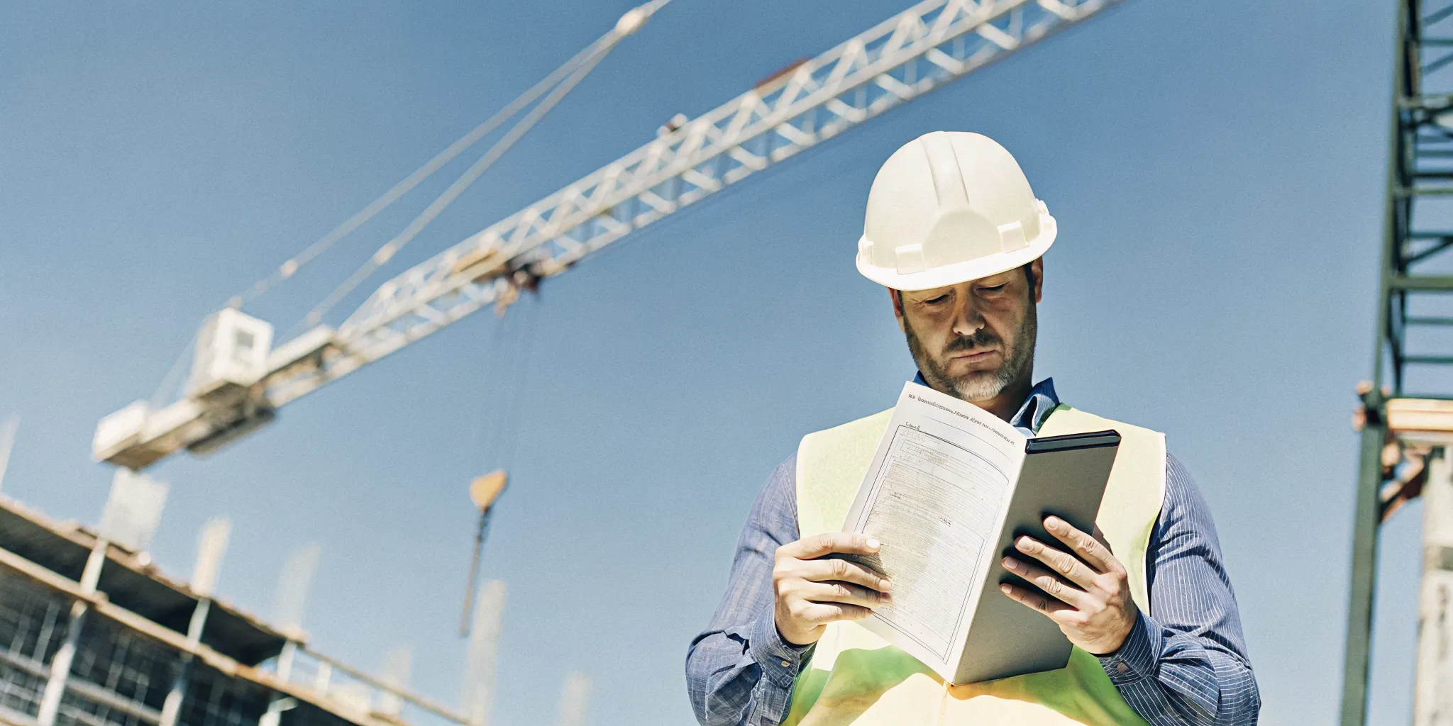 Construction worker reviewing hoisting license renewal documents and CE certificate on tablet at Massachusetts job site
