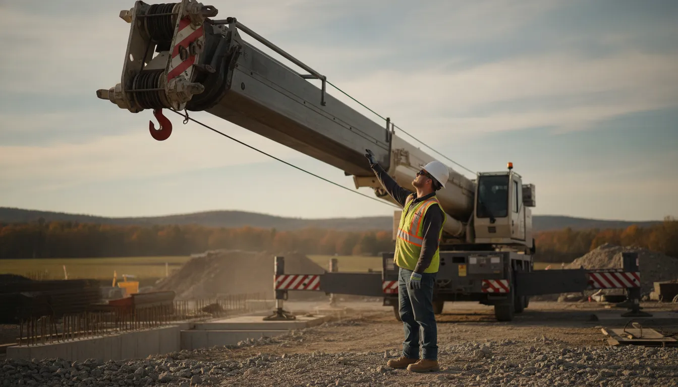 Operator inspecting a telescopic mobile crane at a construction jobsite