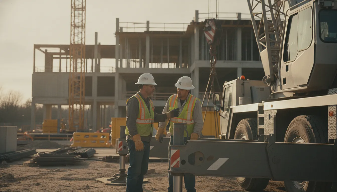 Crane operators reviewing mobile crane setup at a construction jobsite
