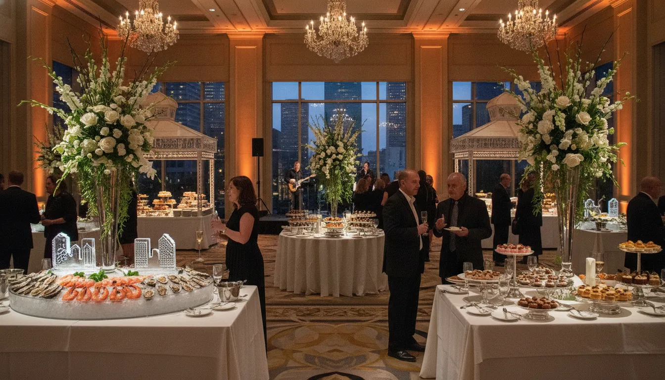 Elegant cocktail reception with gourmet food stations and luxury catering setup in Houston