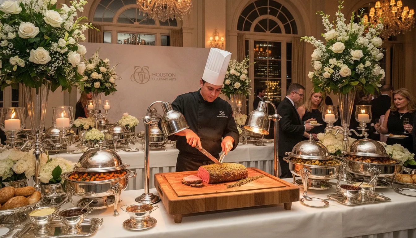 Luxury carving station at a Houston catering event with chef slicing roast beef to order