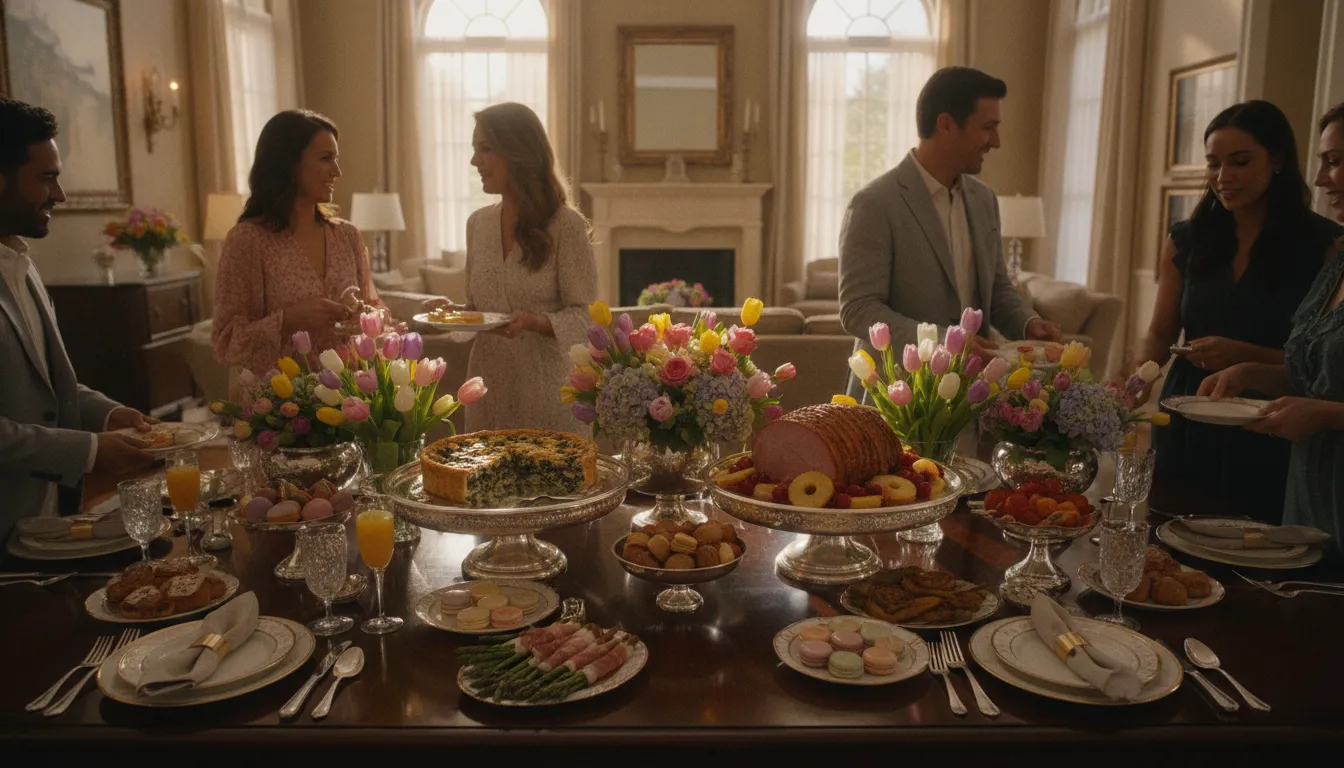 Elegant Easter brunch table with spring produce and pastries