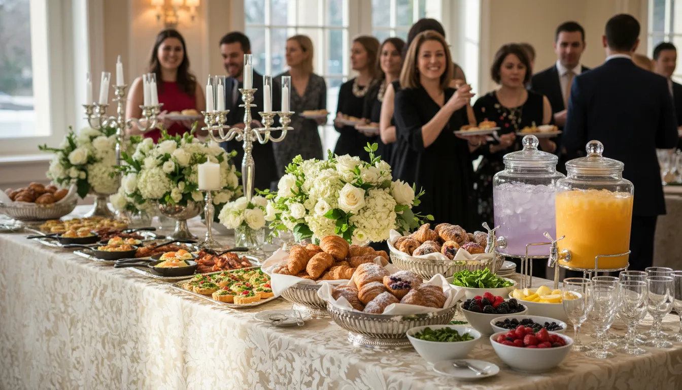 Elegant savory and sweet spread for brunch wedding catering in Houston