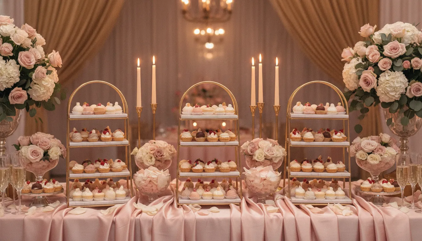Elegant dessert and beverage station for a sweet sixteen celebration with miniature pastries, macarons, and lush florals