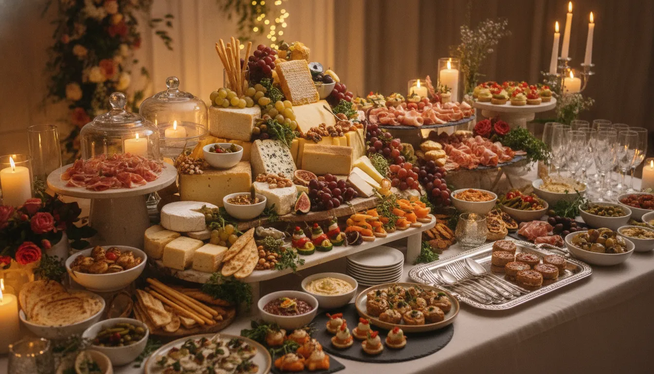 An elevated catering buffet display with gourmet dishes and luxury table decor