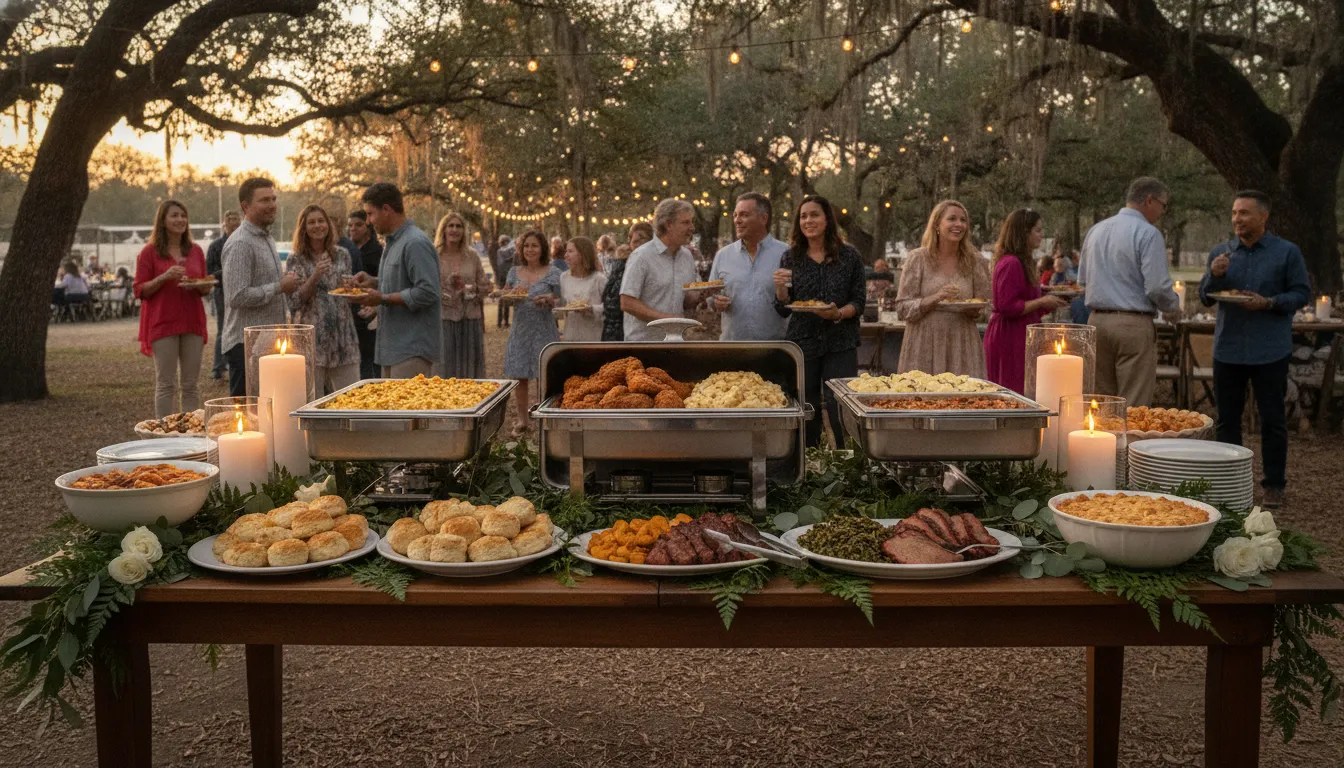 An elegant buffet table with Southern comfort food platters at a Texas family reunion