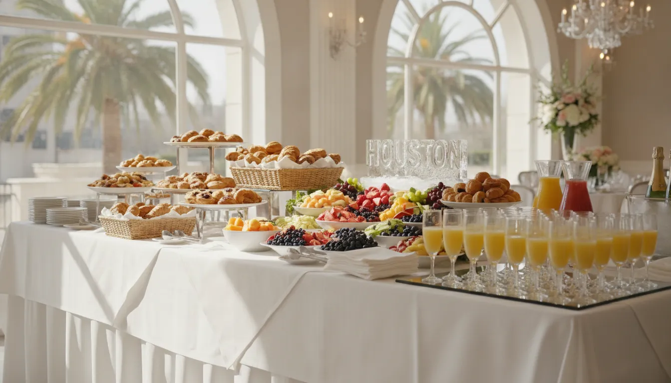 Elegant luxury brunch buffet with pastries, fresh fruit, and champagne displayed on white linen at a Houston event venue
