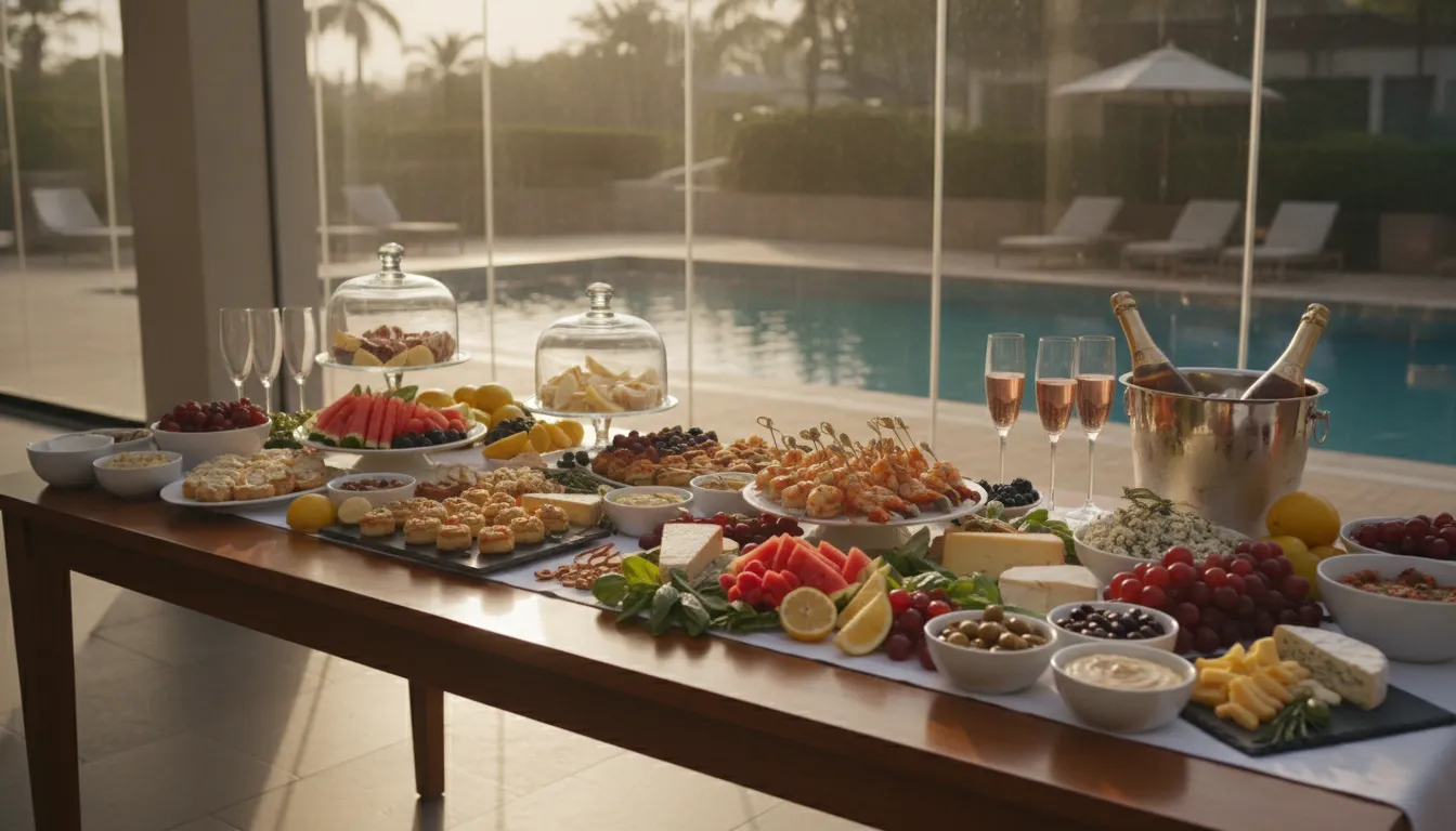 Chilled grazing table with fresh fruit and seafood beside a luxury Houston pool