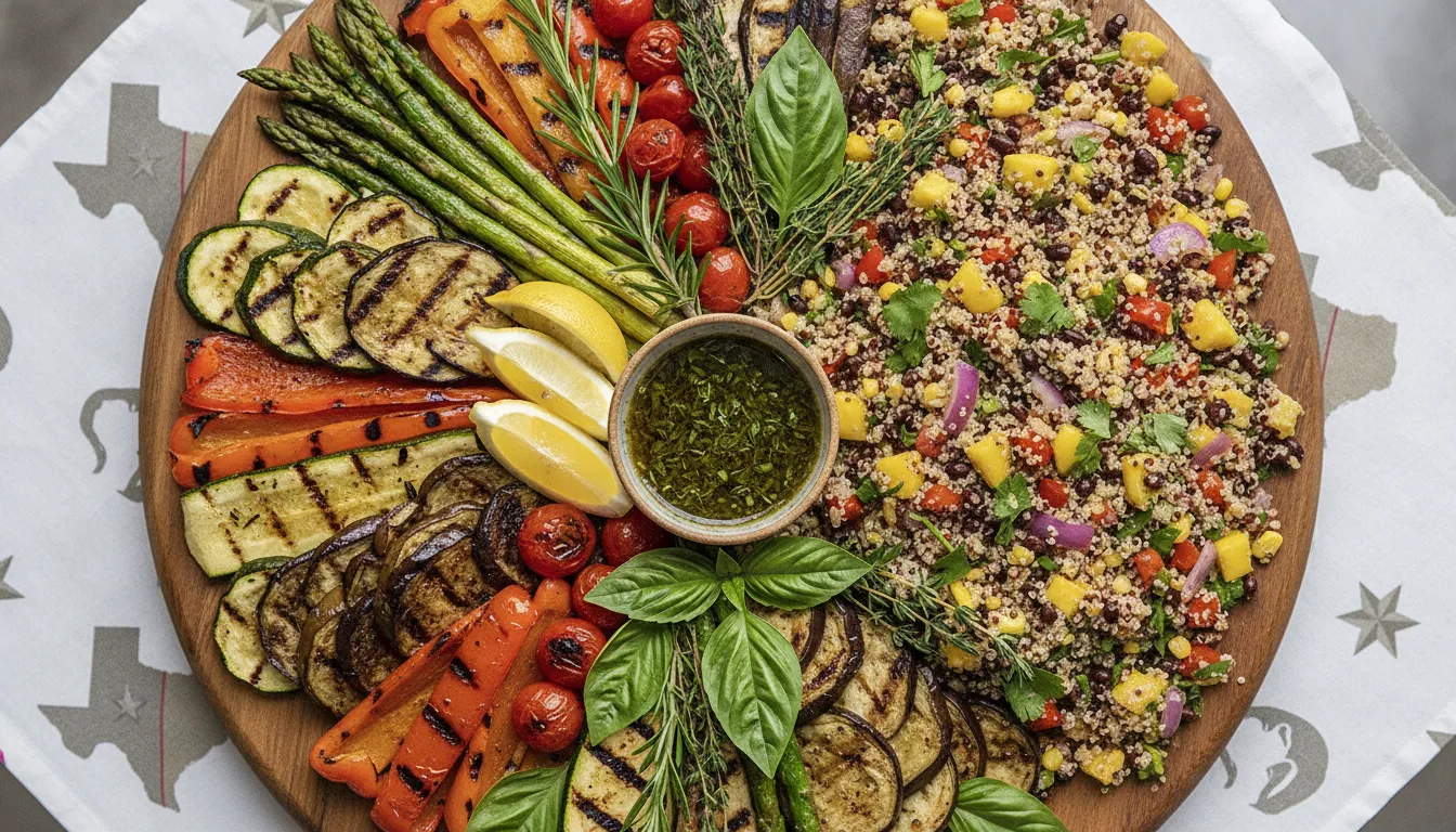 Top down view of vegan catering platter with grilled vegetables and quinoa salad on a wooden board
