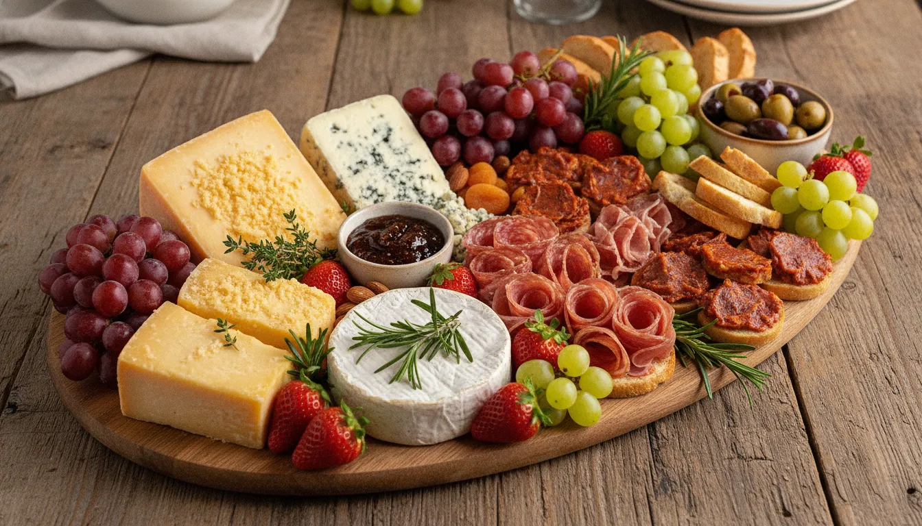 Artisan charcuterie board with cheddar, colby jack, pepper jack cheeses, grapes, and strawberries for Houston catering