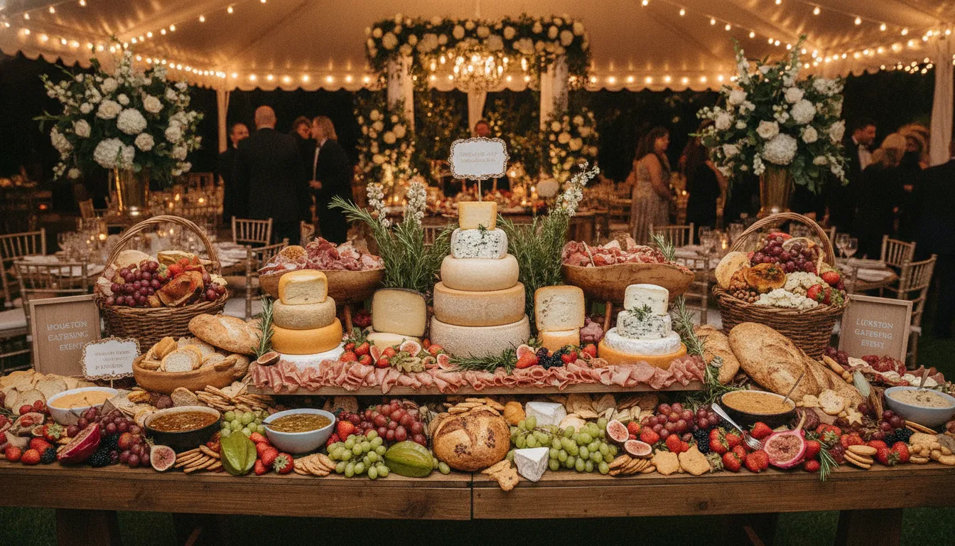 Luxury grazing table setup with cheese displays and fruits at a Houston catering event