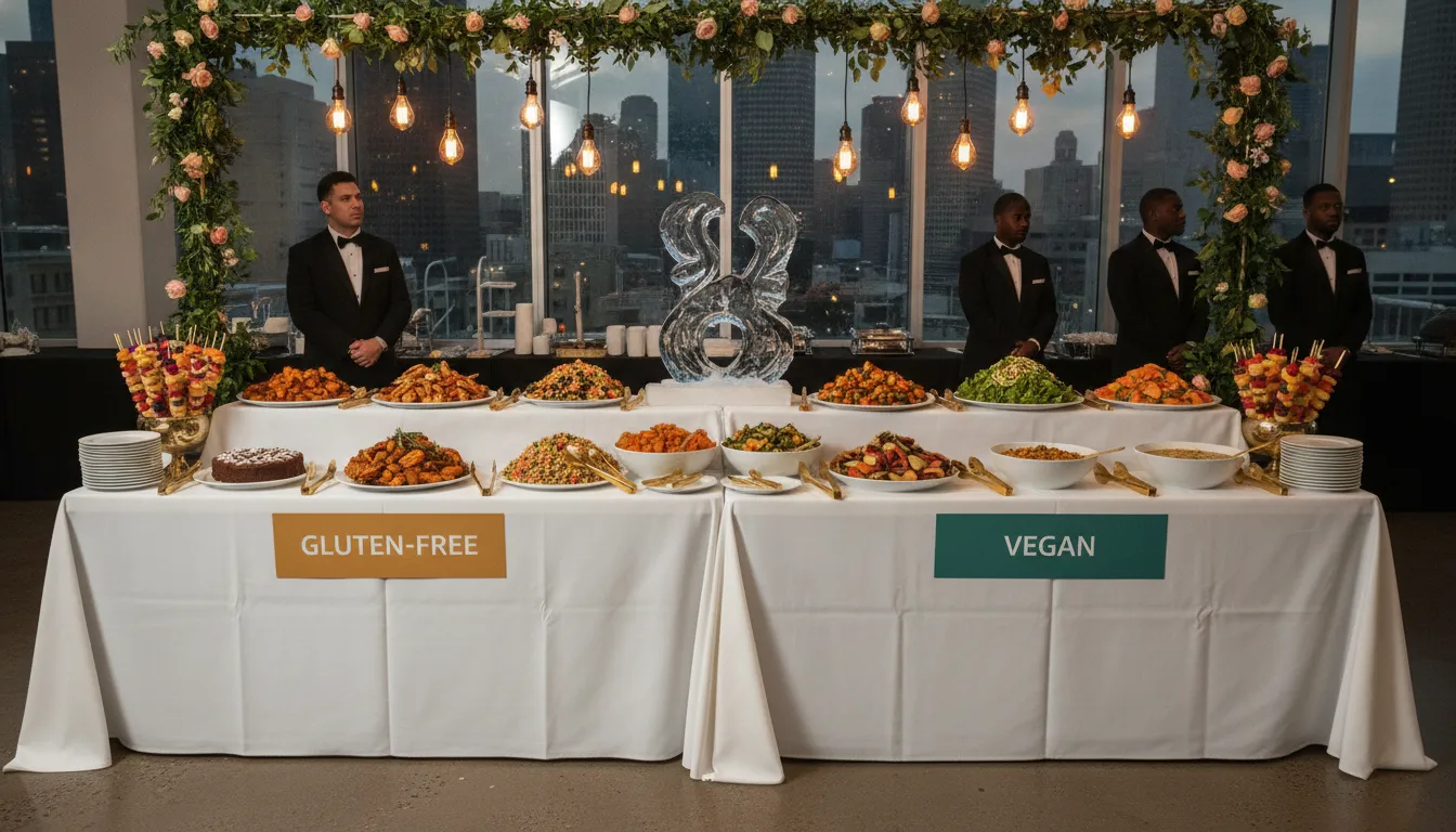 Buffet setup with labeled gluten-free and vegan dishes and color-coded serving utensils