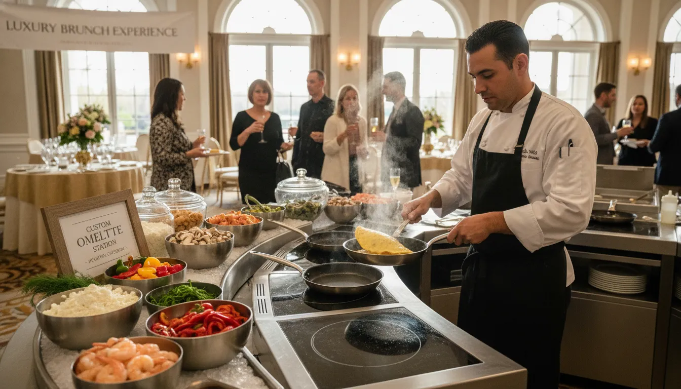 Professional chef preparing custom omelettes at an interactive station for a luxury brunch catering event in Houston