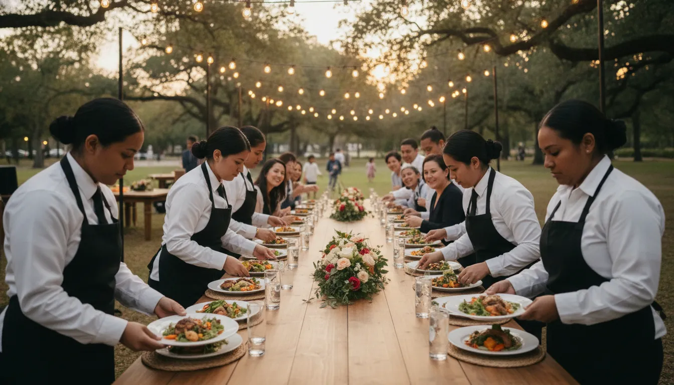 Professional catering staff serving food at an outdoor family reunion under string lights