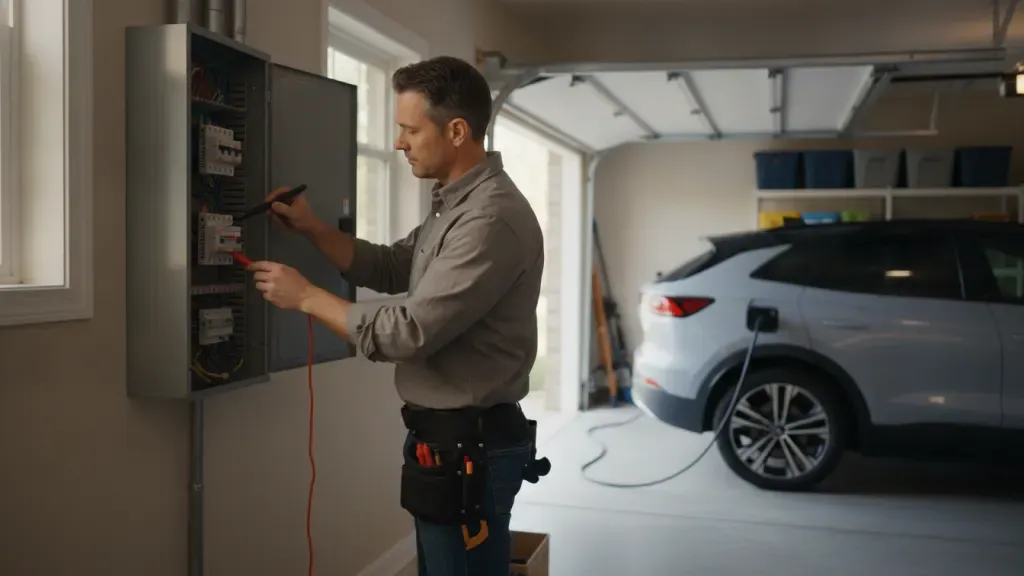 Electrician evaluates a home electrical panel before an EV charger installation