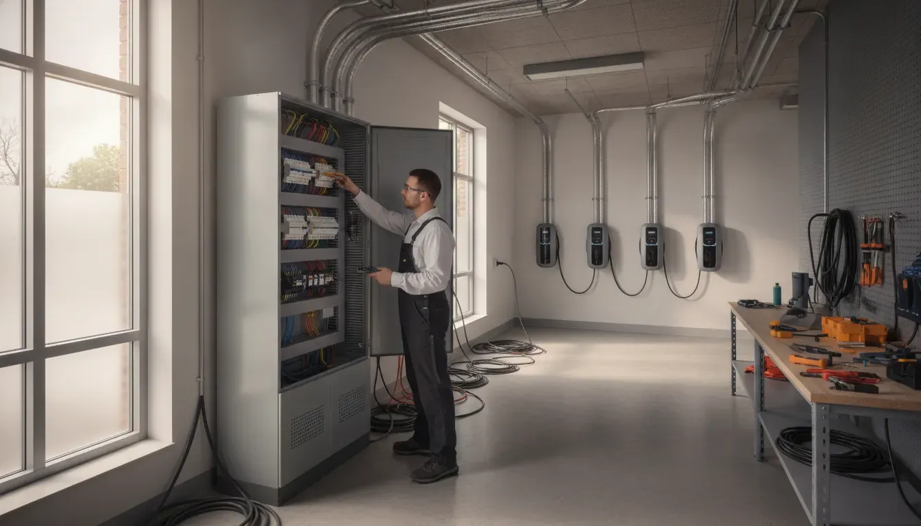 Electrician assessing an electrical panel and conduit for commercial EV charger installation