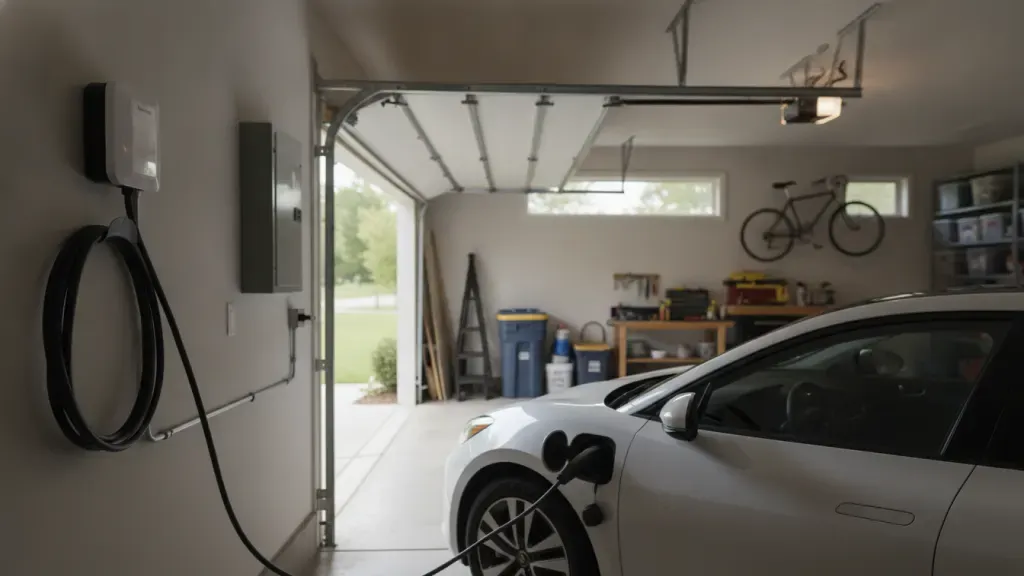 Wall-mounted Level 2 EV charger connected in a residential garage