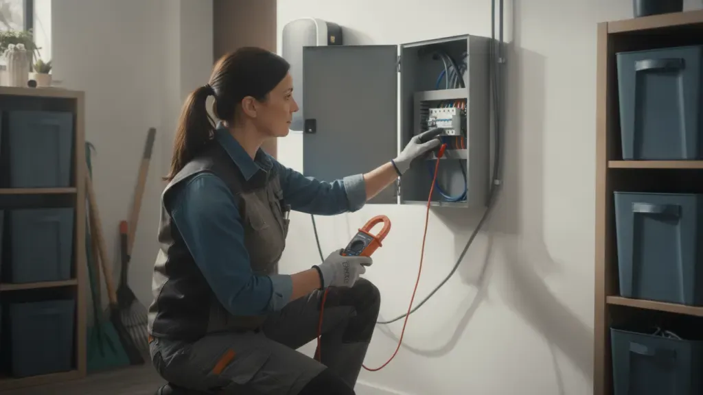 Electrician checks a residential panel during EV charger installation planning