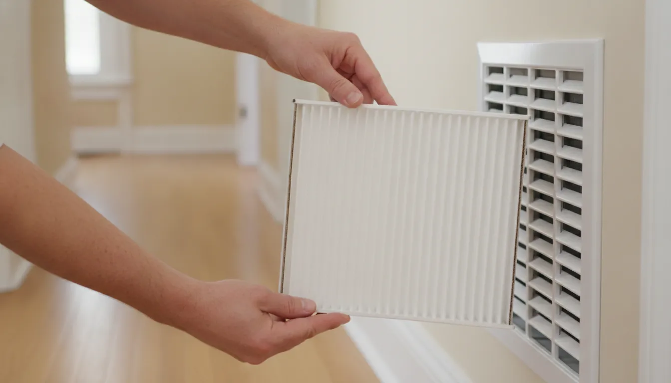 Clean pleated furnace filter held in front of a home return-air grille