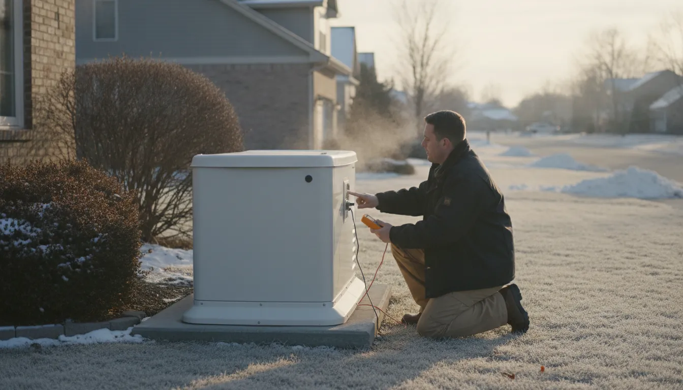 Electrician inspecting a standby generator beside a Barrington home
