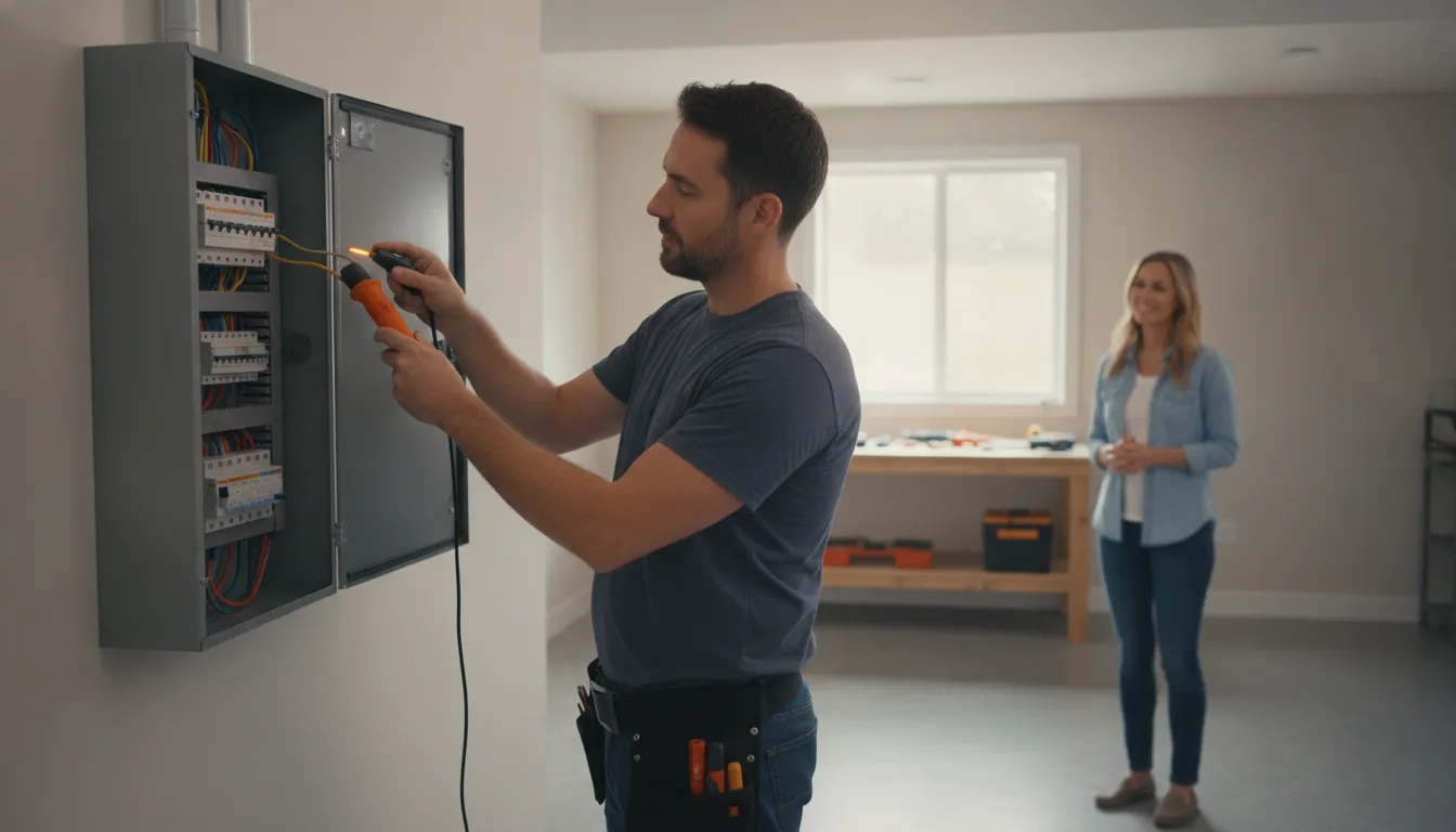 Electrician assessing a residential electrical panel safely