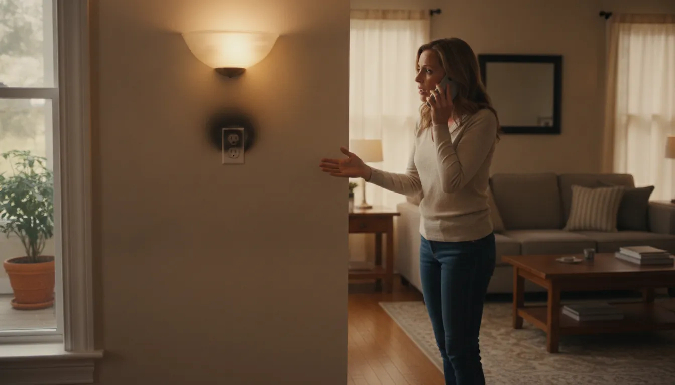 Homeowner observing an electrical warning sign from a safe distance