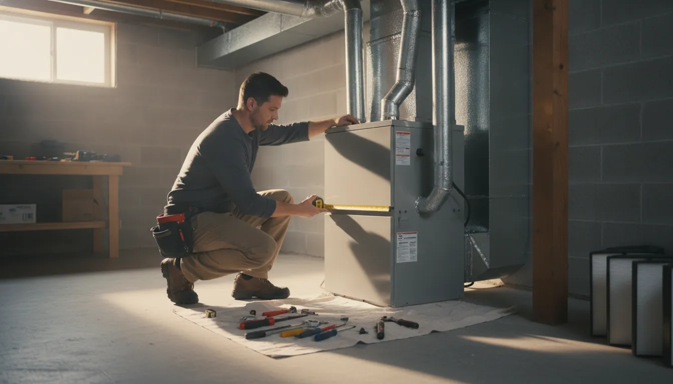 Technician measuring a furnace installation in Barrington