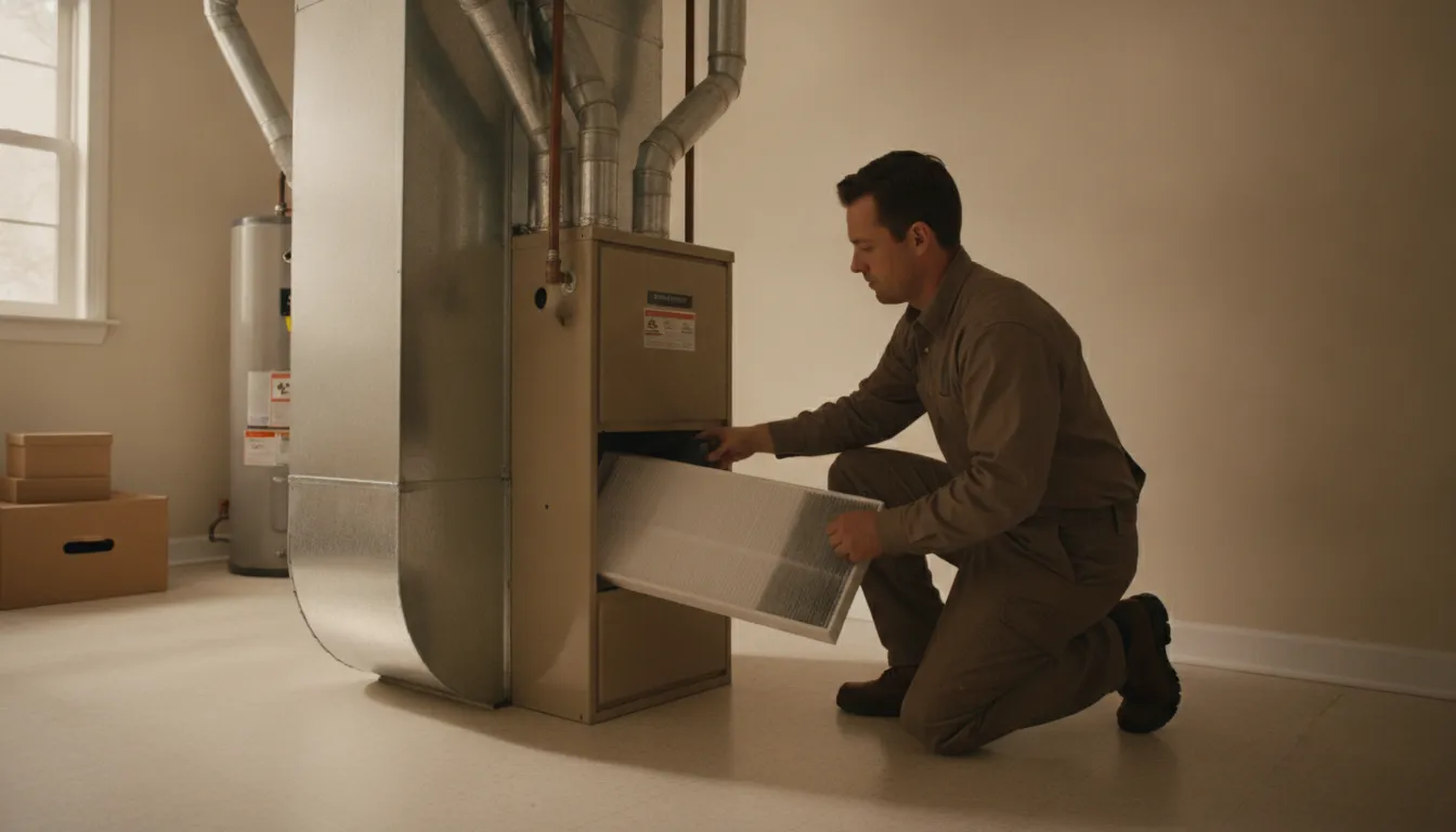 Technician replacing a furnace filter in a Barrington home