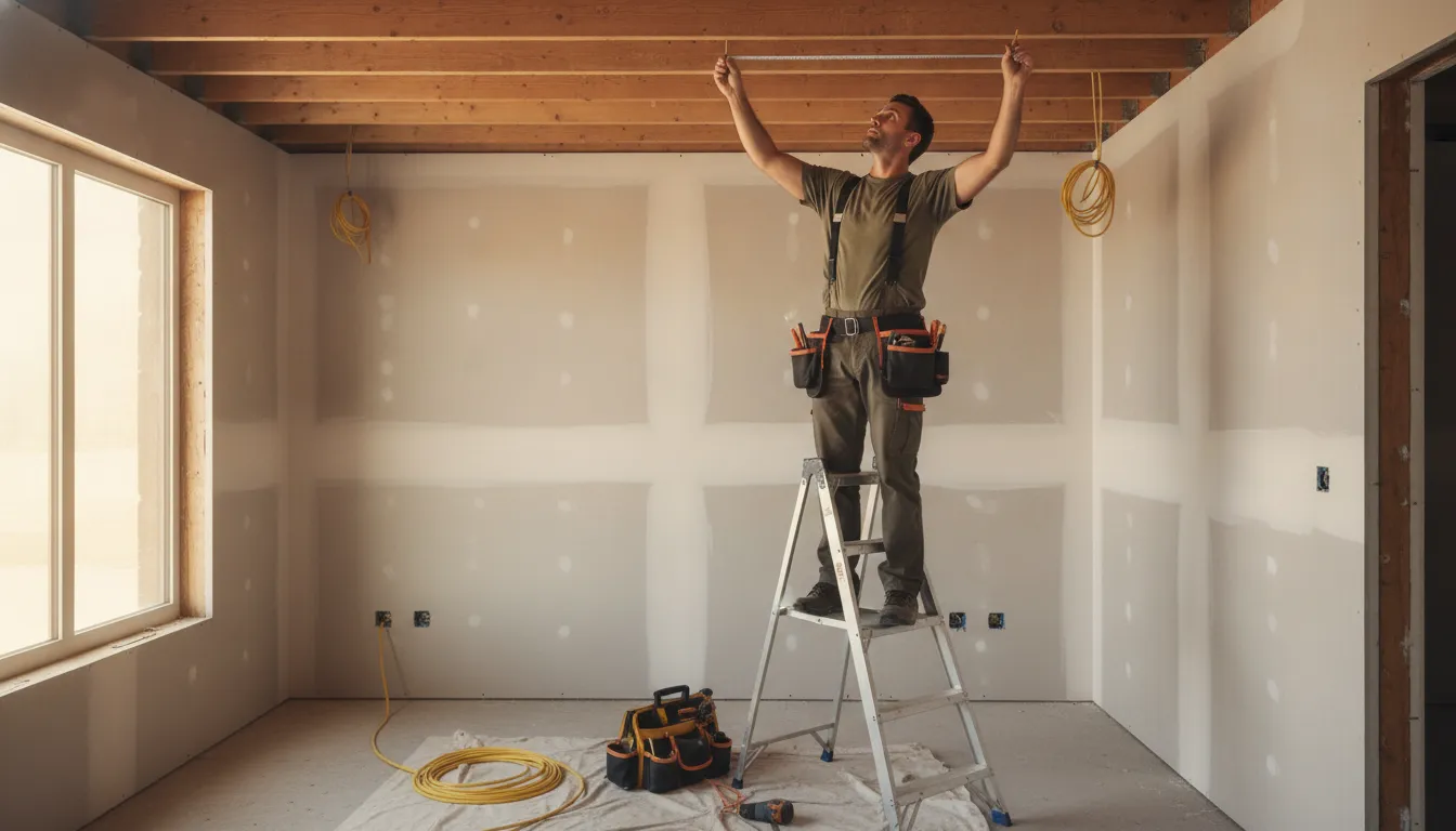 Electrician measuring ceiling spacing for recessed lighting installation