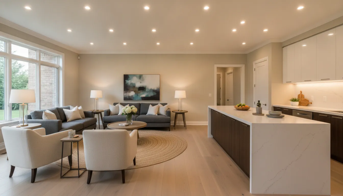 Finished kitchen and living area with evenly spaced recessed LED lights