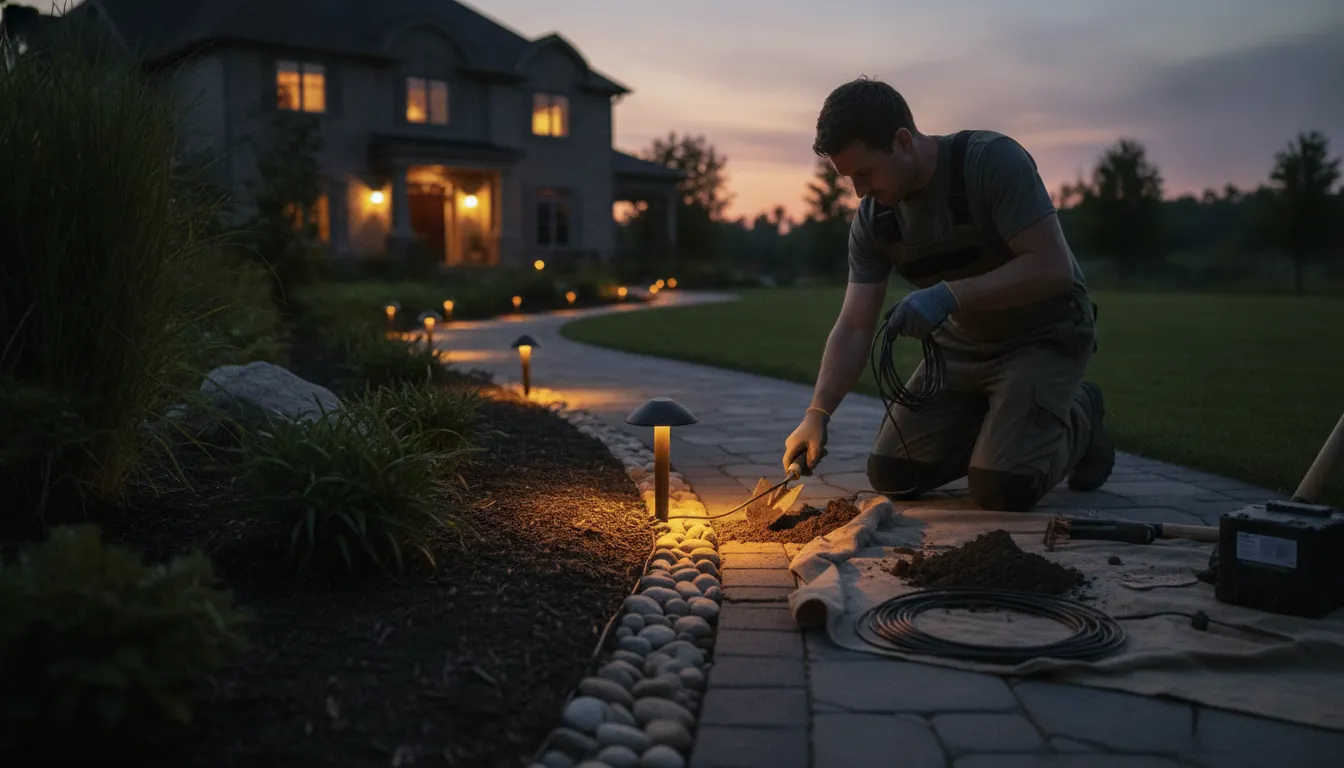 Electrician planning landscape lighting placement around a residential walkway