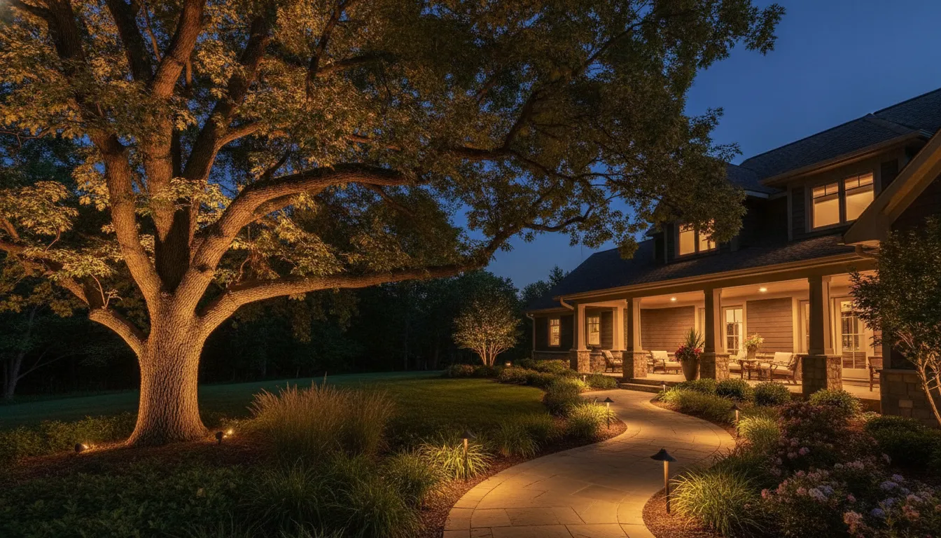 Outdoor landscape lighting fixtures along a Chicagoland walkway after seasonal weather