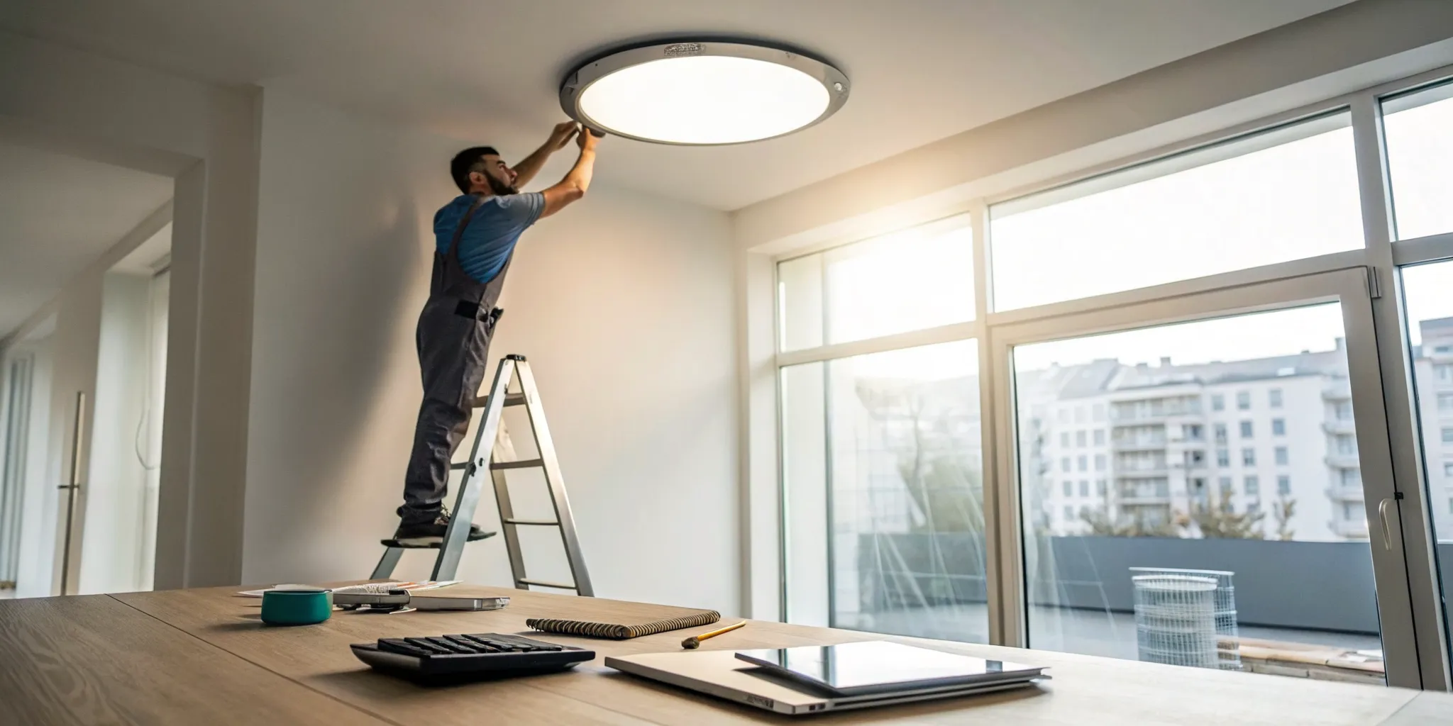 Electrician installing a light fixture, a key factor in the total installation cost.