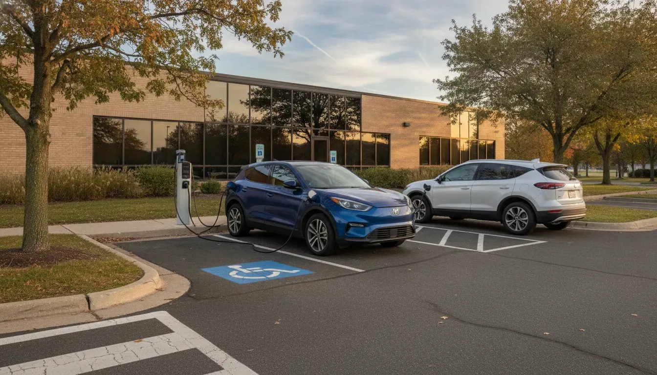 Commercial parking layout with two EV charging stations outside a Palatine or Schaumburg business