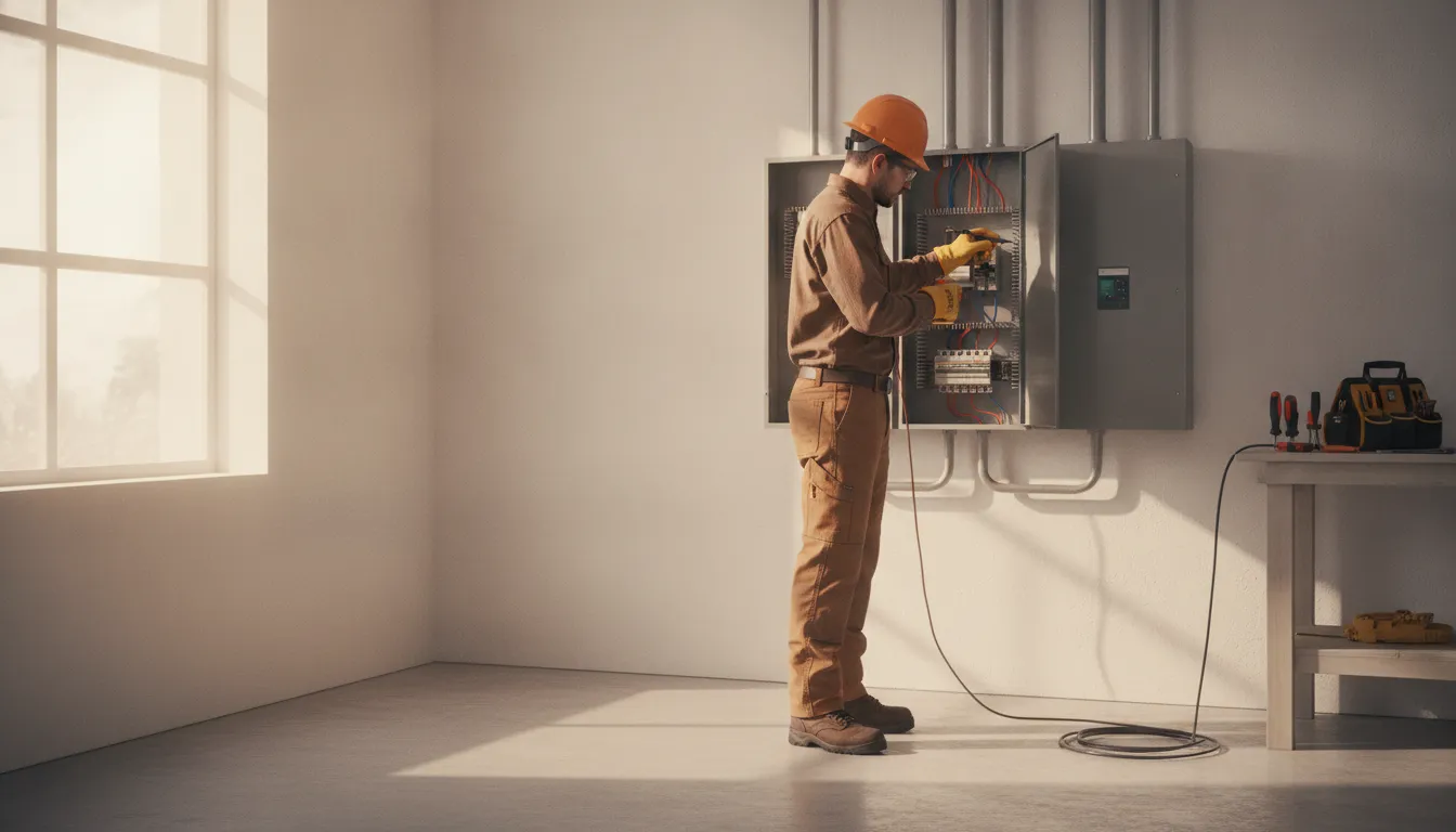 Electrician reviewing a residential transfer switch installation