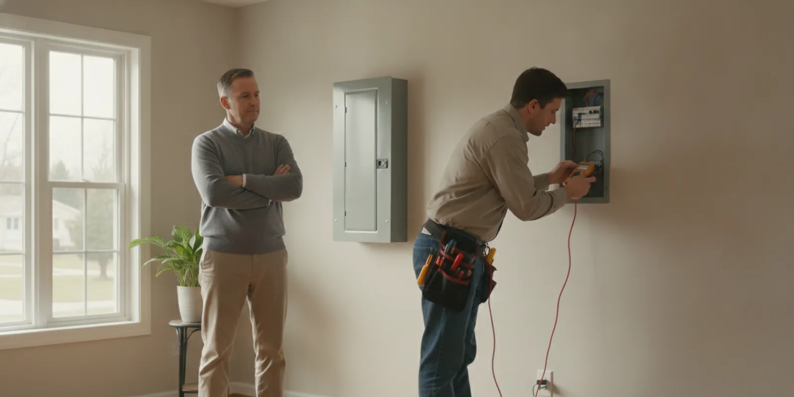 Homeowner standing safely while an electrician checks a breaker panel