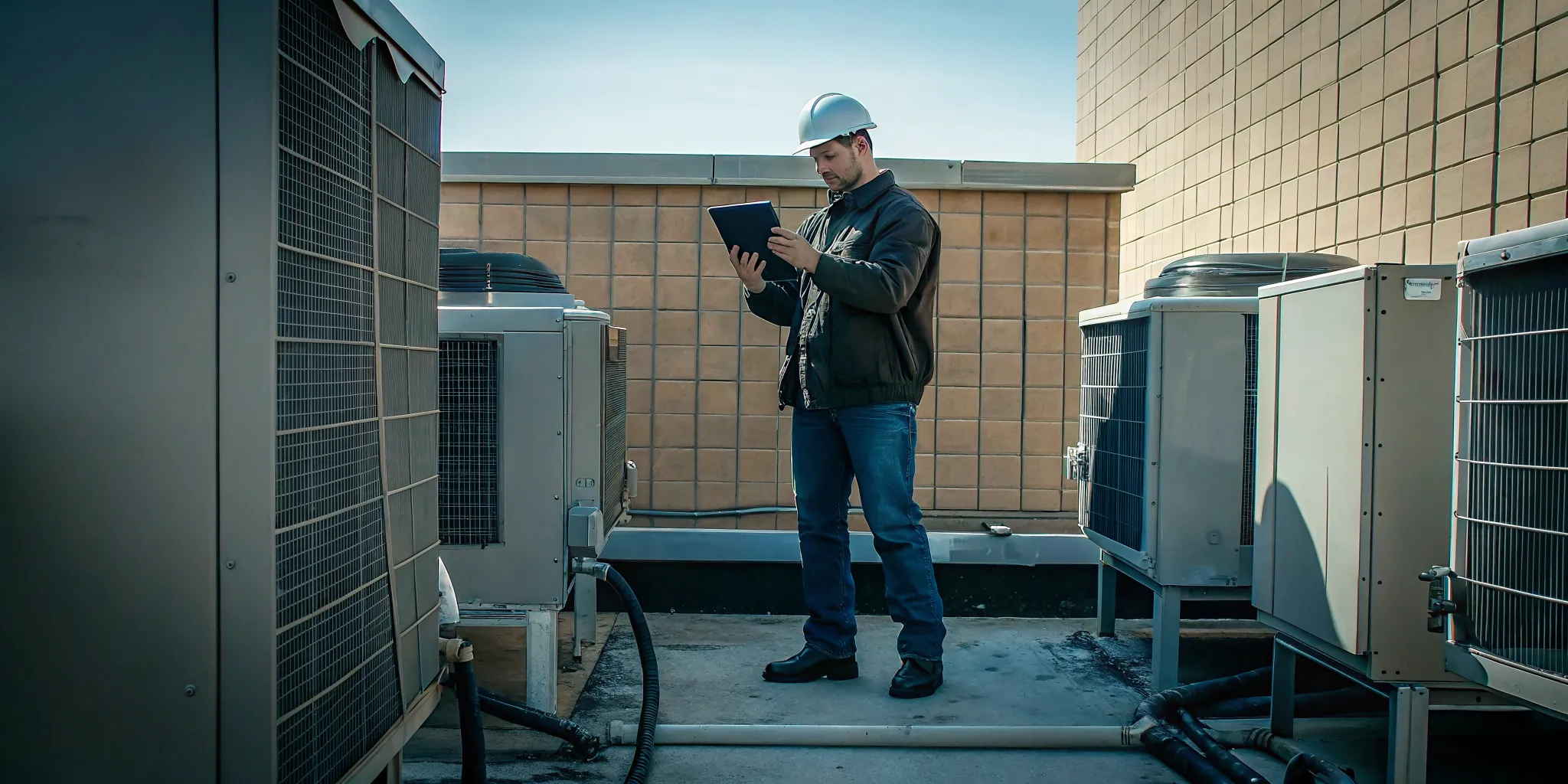 Commercial air conditioning repair technician reviewing rooftop HVAC diagnostics
