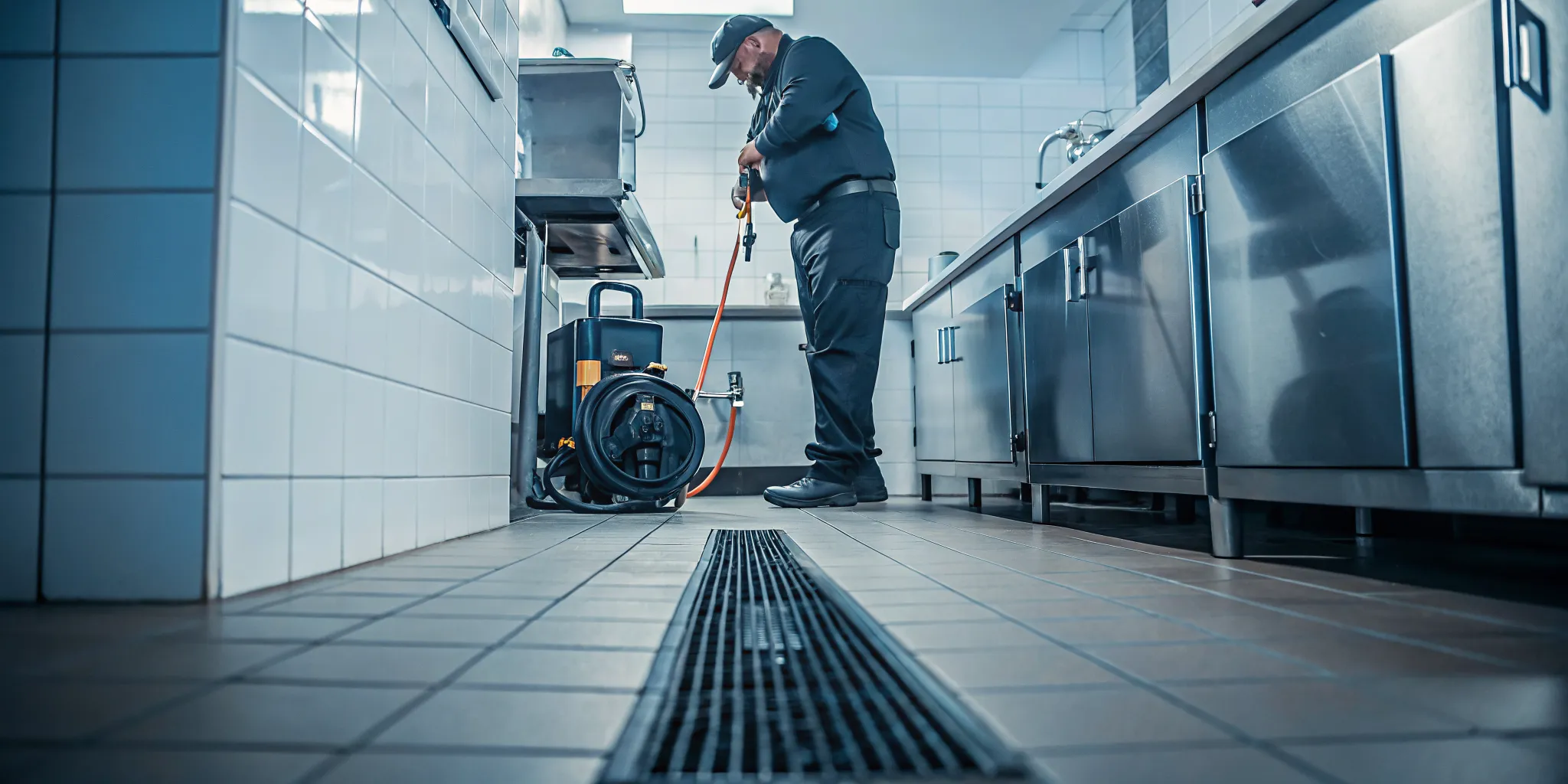 Commercial plumber performing drain jetting in a kitchen service area