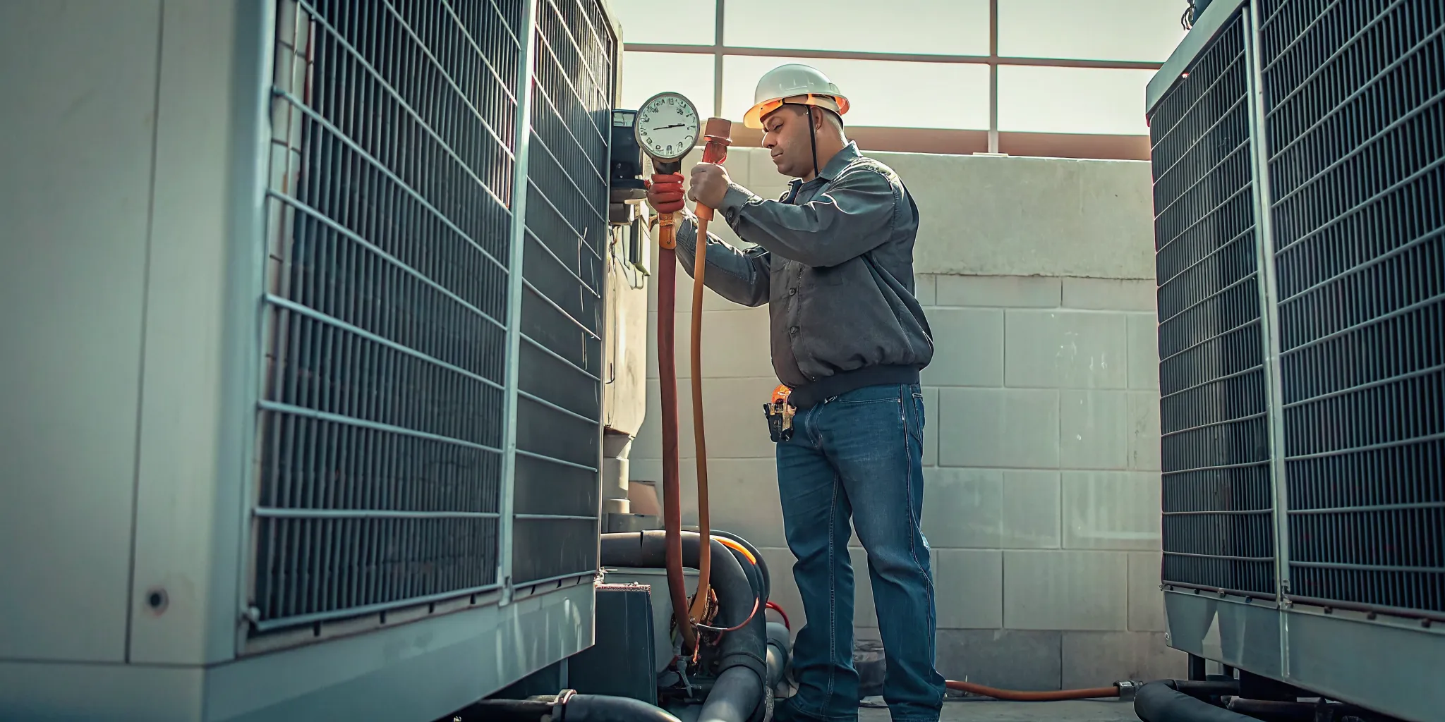 Technician performing planned commercial refrigeration maintenance on condenser equipment