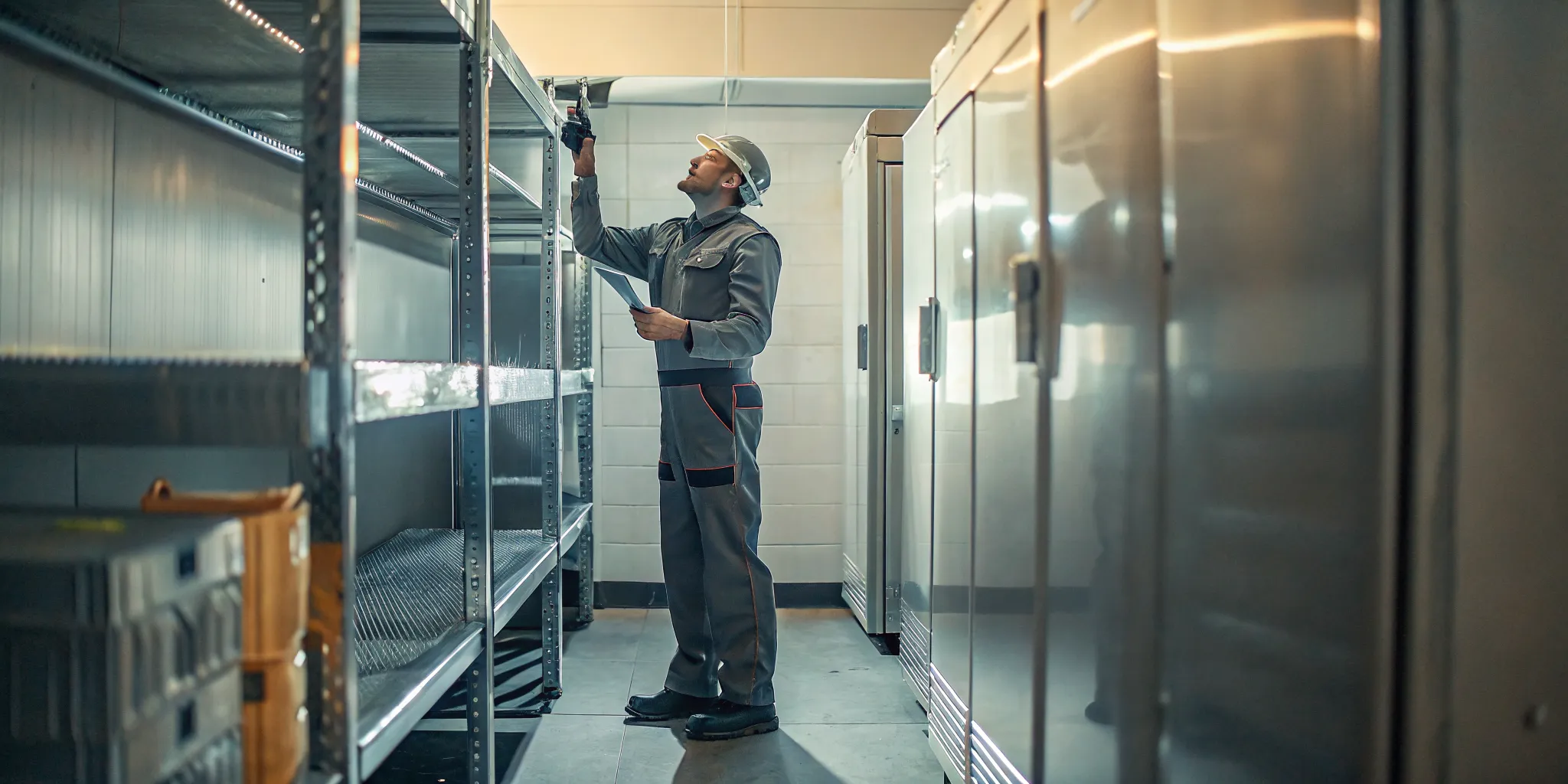 Commercial refrigerator repair technician inspecting a walk-in cooler