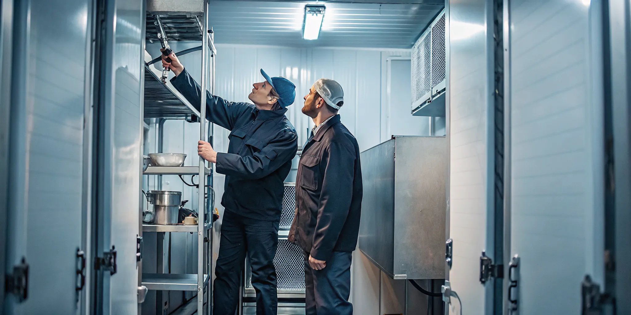Facility manager observing a commercial refrigerator repair inspection